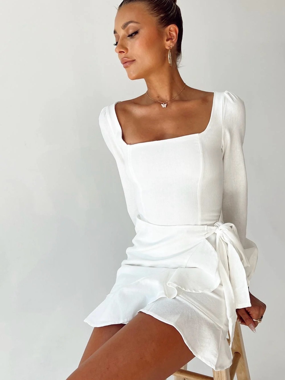 Princess Polly The Villa Long Sleeve Wrap Mini Dress White 10 Fully Lined Cotton